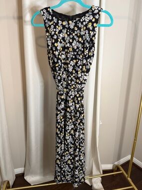 Anne Klein Black Floral Midi Dress with White and Yellow Flowers